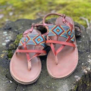 Turquoise & Tan Tribal Weave Sandal | Sz. 7.5